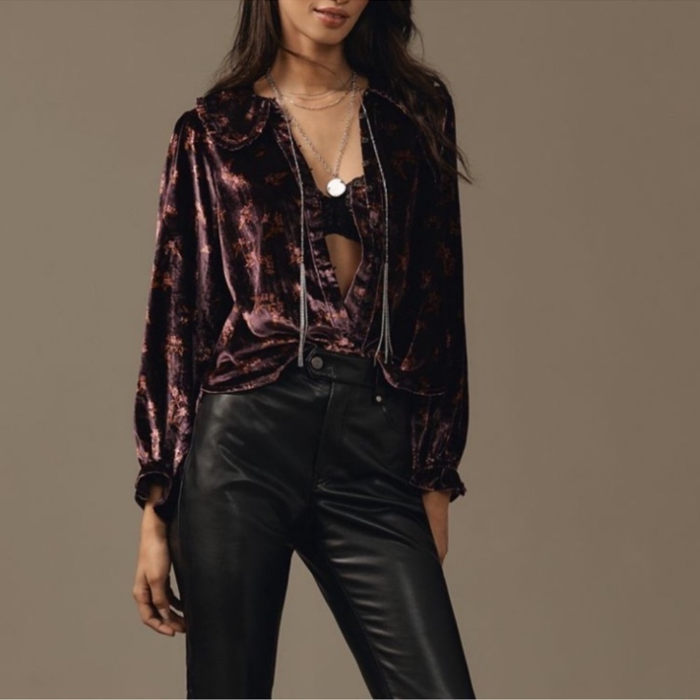 Anthropologie Purple Floral Velvet Pilcro Collared Button-Up Top Blouse - Picture 3 of 10